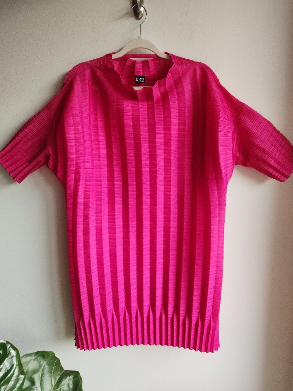 Issey Miyake Pleats Please Fuchsia Mock Neck Knee-Length Dress - M